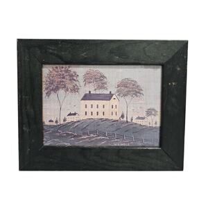 Vintage Warren Kimble Folk Art Signed Print Hunter Green Wood Frame 7.5 x 9.5